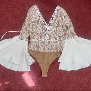 Boho Lace Nude and White Bell Sleeve Bodysuit
